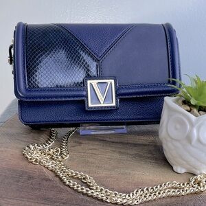 Victoria’s Secret Navy Leather and Gold Crossbody Bag Purse w/3 Interior Pockets